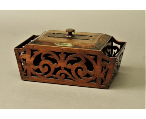 WALNUT AND MOTHER OF PEARL STATIONERY BOX later 19th century, with foliate, reticulated sides and hinged cover, the panels in