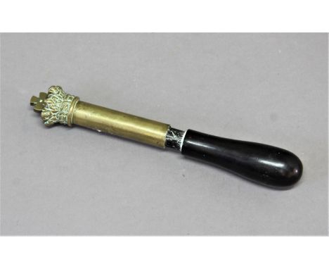 VICTORIAN EBONY AND BRASS TIPSTAFF with crown finial, length 22cm