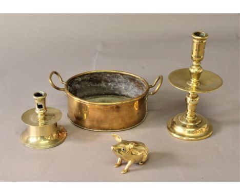 DUTCH HEEMSKERK STYLE CANDLESTICK with extracting holes, drip tray and domed foot, height 24cm; a Spanish 16th century style 