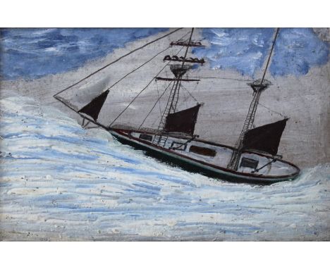 ALFRED WALLIS (1855-1942) A WEST COUNTRY SCHOONER ON A SWELL Oil and pencil on card 19 x 29.5cm. Provenance: A gift from Wall