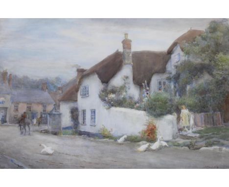 J ** V** R** PARSONS (Fl.1891-1914) FIGURES AND GEESE OUTSIDE COTTAGES AT BEER, DEVON Signed, watercolour and pencil 39 x 58.