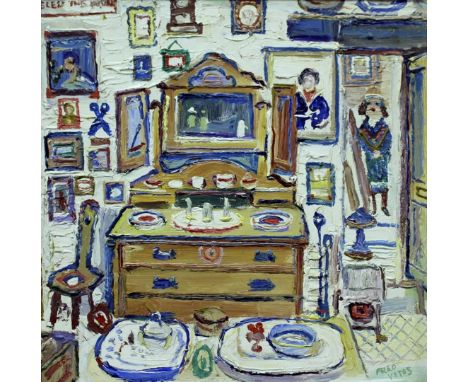 •FRED YATES (1922-2008) ANTIQUE SHOP, ST JUST Signed, inscribed with title verso, oil on Masonite 51 x 50cm. ++ Needs a light