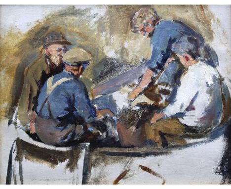 STANHOPE ALEXANDER FORBES, RA (1857-1947) BOATBUILDERS: A SKETCH Bears signature and indistinct inscription verso, oil on can