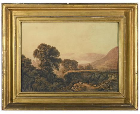 JOHN GLOVER (1776-1849) UPLAND LANDSCAPE WITH FIGURE AND CATTLE, POSSIBLY TASMANIA Watercolour and pencil 30 x 43cm. * This c