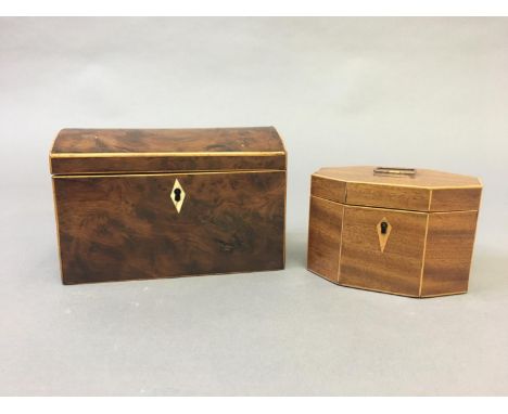 REGENCY YEW WOOD TEA CADDY with a domed cover and twin section interior, length 18.5cm; togther with an octagonal satinwood c