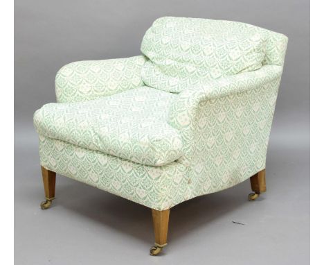LENYGON &amp; MORANT HOWARD STYLE ARMCHAIR green printed H&amp;S fabric, the underside with a printed label "Lenygon &amp; Mo