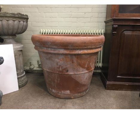LARGE TERRACOTTA PLANTER of tapering cylindrical form with banded decoration, height 73cm, diameter 88cm