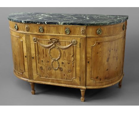 LOUIS XVI STYLE PINE DEMI-LUNE MARBLE TOP COMMODE bow fronted, the front with one true and two false drawers above a central 