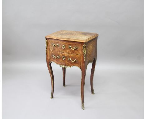 FRENCH LOUIS XIV STYLE BOMBE, KINGWOOD BEDSIDE COMMODE the marquetry top above to drawers, with scrolling, gilt metal mounts,