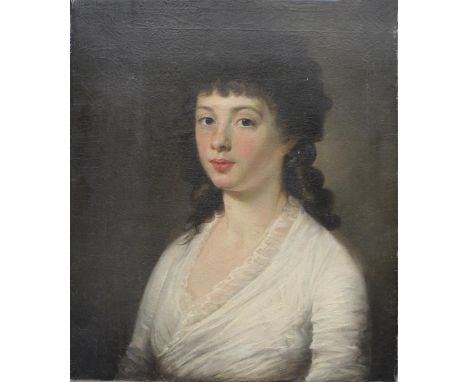 CIRCLE OF HENRI PIERRE DANLOUX (1753-1809) PORTRAIT OF A LADY Bust length, wearing a white dress, oil on canvas, unframed 55.