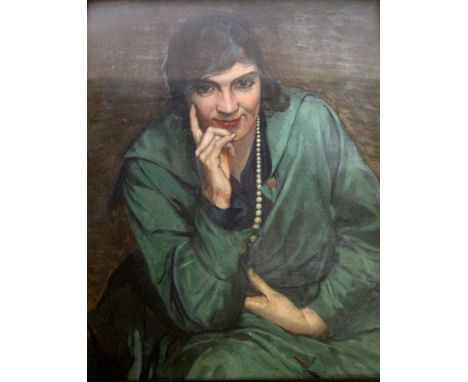 ROBERT SNELL (Fl.c.1920-1923) GIRL IN GREEN OVERALL Signed and dated 1920, bears inscribed label verso, oil on board 62.5 x 4