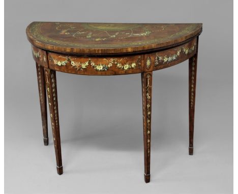 PAINTED SATINWOOD DEMI-LUNE CARD TABLE 19th century, the top painted in the manner of Kauffmann with floral swags around a fi