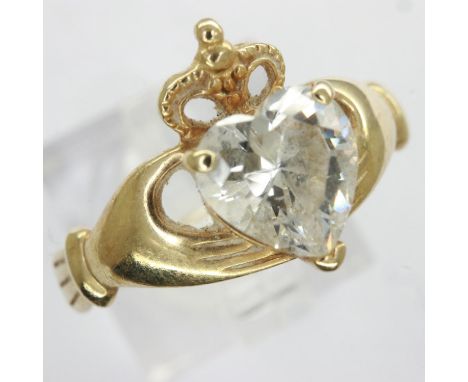 9ct gold Claddagh ring set with cubic zirconia, size N, 1.5g. UK P&amp;P Group 0 (£6+VAT for the first lot and £1+VAT for sub