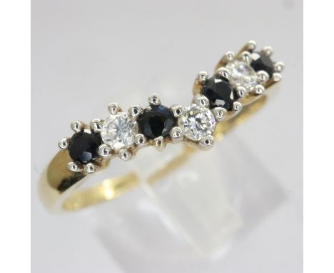 9ct gold wishbone ring set with sapphires and cubic zirconia, size P, 1.5g. UK P&amp;P Group 0 (£6+VAT for the first lot and 