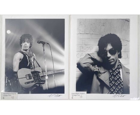 Two hand printed vintage darkroom prints of images by photographer Virginia Turbett depicting Prince onstage and backstage at