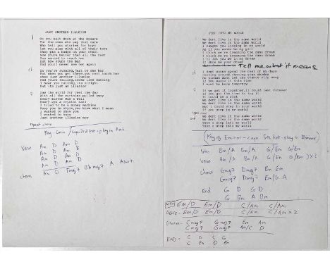 Two pages (approx A4) with typed lyrics and handwritten chord structures for 'Hurricane #1' songs inc 'Step Into My World' an