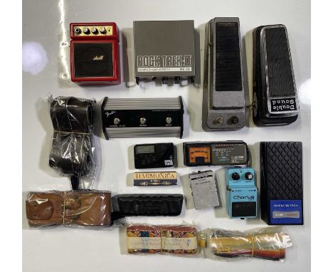 A collection of vintage guitar pedals to include a Boss CE-2 chorus pedal, a Jen Double Sound Wah pedal, a Meridian SK12 volu