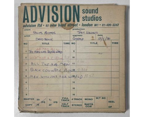 A boxed reel of 1/4" Emitape (on 7" plastic reel) in 'Advision Sound Studios' printed box. Handwritten info to box details co