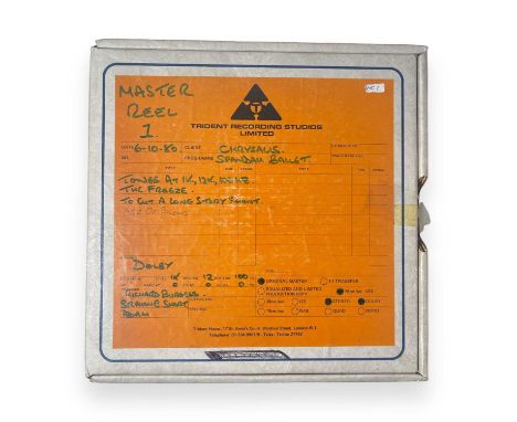 A boxed reel of 2" Ampex 456 recording tape with Trident Studio labels. Handwritten info suggests contents are three songs re