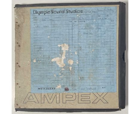 A boxed reel of 1/4" Ampex recording tape, with handwritten note to box detailing contents as being a recording made of 'New 