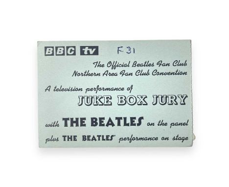 An original card ticket stub for the Beatles appearance on 'Juke Box Jury', December 1963. Marked by pen 'F31'. 14.5x10cm. Ve