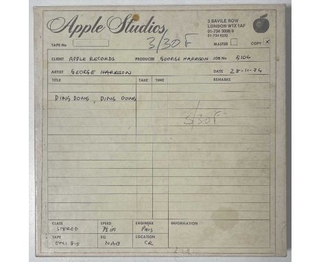 A boxed reel of 1/4" recording tape in box with original 'Apple Studios' label. Handwritten info to label details contents as