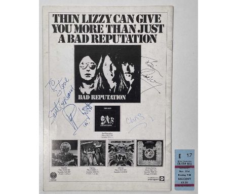 A Thin Lizzy 'Bad Reputation' 1977 tour programme signed by Phil Lynott, Scott Gorham, Brian Downe and one other 'Chris'. Sig
