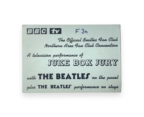 An original card ticket stub for the Beatles appearance on 'Juke Box Jury', December 1963. Marked by pen 'F30'. 14.5x10cm. Ve