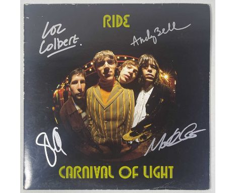 A copy of Ride - Carnival Of Light (CRELP 147, 2xLP, gatefold, discs VG with many non-feelable scuffs, lyric inner) signed to