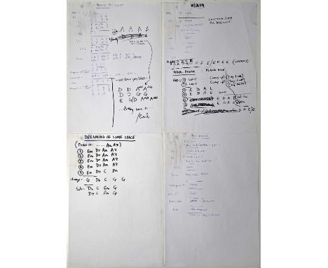 Four c A4 pages with Andy Bell's handwritten chord structures for Beady Eye songs 'Bring The Light', 'Roller', 'Wigwam', 'Tur