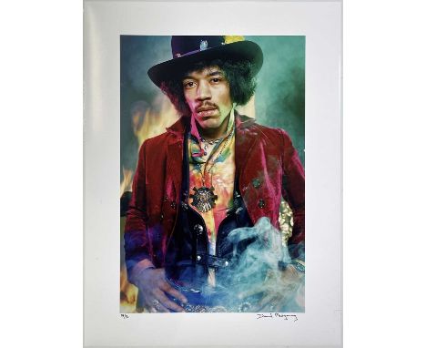 A high-quality photo print from the original negative depicting a portrait of Jimi Hendrix by photographer David Montgomery, 