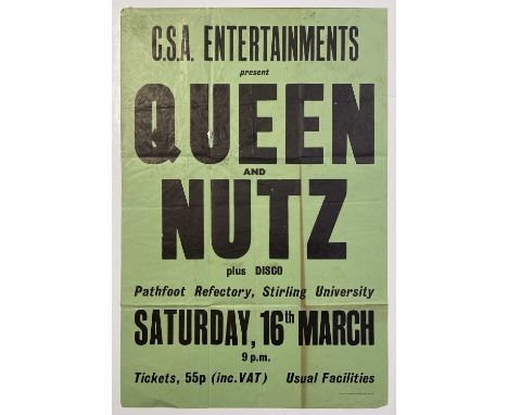 An original and rare concert poster for Queen with Nutz support at Stirling University, 16th March 1974 on the Queen II tour.