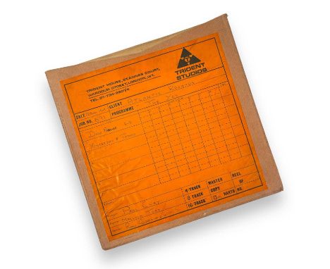 A boxed reel of 1" BASF audio tape (reel 10.5" diameter) in box with Trident Studios label. Handwritten info describes conten