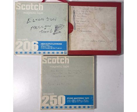 Three boxed reels of 1/4" master tape to inc: Scotch Pro-Pack 206 marked 'Elton John - Mellow Take 6!', a second similar reel