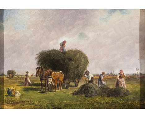   Ludwig Müller-Cornelius. 1864 - München- 1946.   Sign. Bauern bei der Heuernte. Öl/Holz. 10 x 14 cm. R          