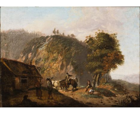   Deutsch, 18./19. Jh.   Landschaft mit Bauern vor einer Kranzwirtschaft. Öl/Lwd. 32 x 44 cm. R          
