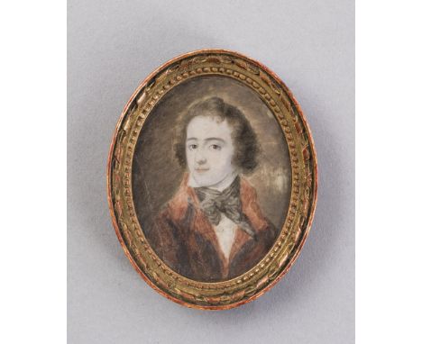   Portrait eines jungen Mannes   mit rotbrauner Jacke und schwarzem Plaston. Auf Elfenbein. Seitlich unbed. Sprung. Ende 18. 