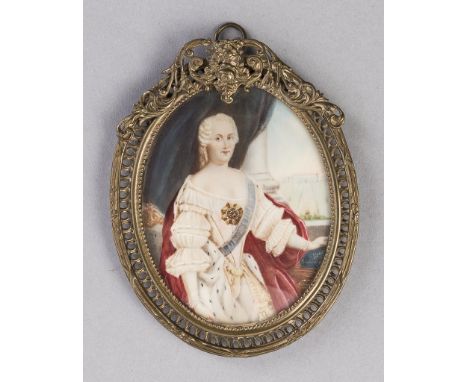   Portrait Fürstin von Anhalt,   nach Vorlage des 18. Jh. Auf Elfenbein. Ende 19. Jh. Oval, 8,5 x 6,5 cm. R          