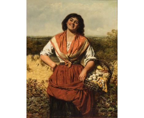   Edwin Roberts. 1840 - 1917.   Sign. und 1878 dat. Portrait eines jungen Mädchens vom Land mit Eierkorb. Öl/Lwd. 91 x 71 cm.