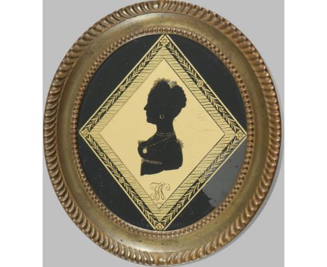   Silhouette mit Profilbüste einer jungen Dame.   1813 dat. Ligiertes Monogramm FA? Eglomisé. Rs. Klebezettel: "A. Gabriel Si