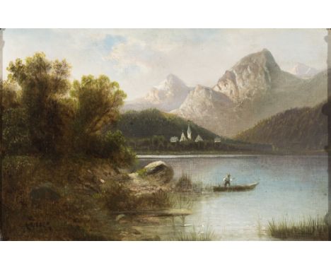   Carl Rieder. 1898 - Schwaz - 1980.   Sign. Kirchdorf am See vor Alpenhintergrund. Öl/Lwd. 32 x 47,5 cm. R          