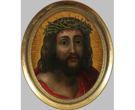   Haupt Christi mit Dornenkrone.   Auf Kupfer. Italien, 18. Jh. Oval, 6,2 x 5 cm. R          