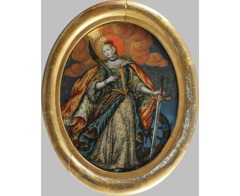   Hinterglasbild Hl. Katharina.   Stehende Hl. Katharina mit ihren Attributen. Süddeutsch/Österreich, Mitte 18. Jh. Oval, 14 