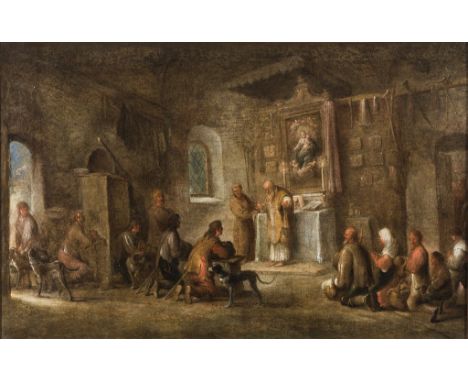   Deutsch, spätes 18. Jh.   Heilige Messe in einer Dorfkirche. Öl/Lwd. Verso beschriftet mit Pinsel: "No. 40. Von einem unbek