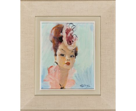   Jean-Gabriel Domergue. 1889 Bordeaux - 1962 Paris.   Sign. Mädchenportrait mit Fascinator. Öl/Ktn. 24 x 19 cm. R          