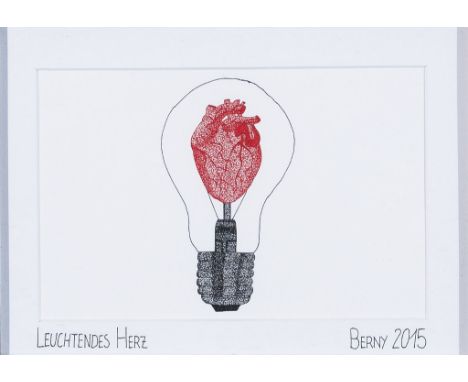  Bernadette Blümel. Geb. 1982. Tätig in Innsbruck.  Sign. Berny und 2015 dat. Bet. "Leuchtendes Herz". Schwarz-rote Tusche/Pa