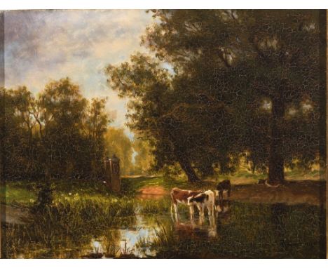   Landschafter des 19. Jh.   Undeutlich sign. Kühe an der Tränke vor Parkhintergrund. Öl/Holz. 21 x 26,5 cm. R          