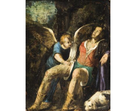   Deutsch, frühes 17. Jh.   Hl. Rochus mit einem Engel. Öl/Kupfer. 22 x 17 cm. R          