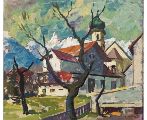   Konrad Honold. 1918 Weingarten - 2007 Schruns.   Sign. Ansicht in Schruns mit dem Münster St. Jodok. Öl/Ktn. 60 x 69,5 cm. 
