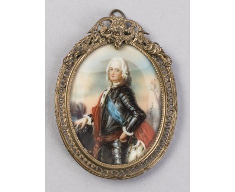   Portrait Fürst von Anhalt,   nach Vorlage des 18. Jh. Auf Elfenbein. Ende 19. Jh. Oval, 8,5 x 6,5 cm. R          